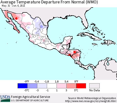 Mexico Central America and the Caribbean Average Temperature Departure from Normal (WMO) Thematic Map For 5/31/2021 - 6/6/2021