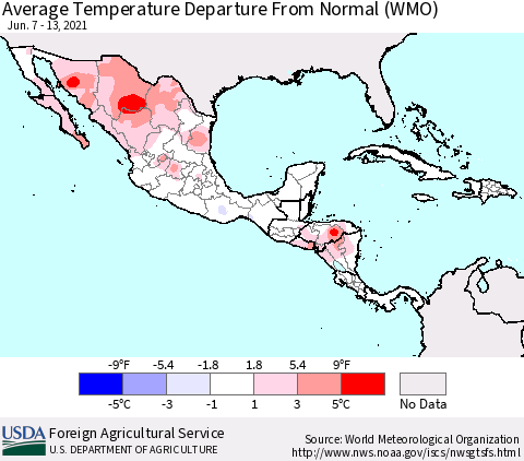 Mexico Central America and the Caribbean Average Temperature Departure from Normal (WMO) Thematic Map For 6/7/2021 - 6/13/2021