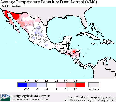 Mexico Central America and the Caribbean Average Temperature Departure from Normal (WMO) Thematic Map For 6/14/2021 - 6/20/2021