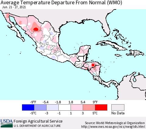 Mexico Central America and the Caribbean Average Temperature Departure from Normal (WMO) Thematic Map For 6/21/2021 - 6/27/2021