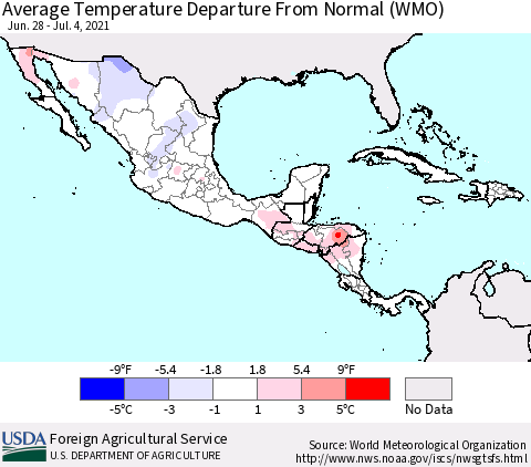 Mexico Central America and the Caribbean Average Temperature Departure from Normal (WMO) Thematic Map For 6/28/2021 - 7/4/2021