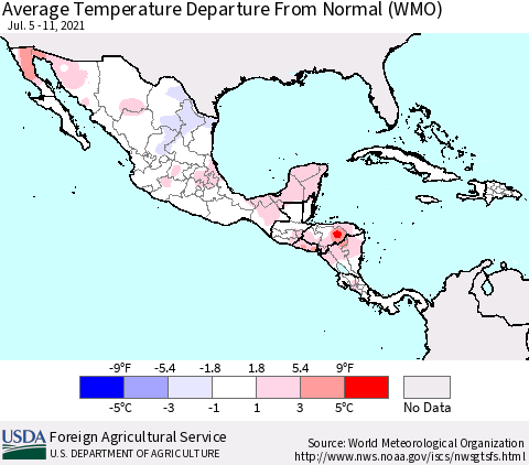 Mexico Central America and the Caribbean Average Temperature Departure from Normal (WMO) Thematic Map For 7/5/2021 - 7/11/2021