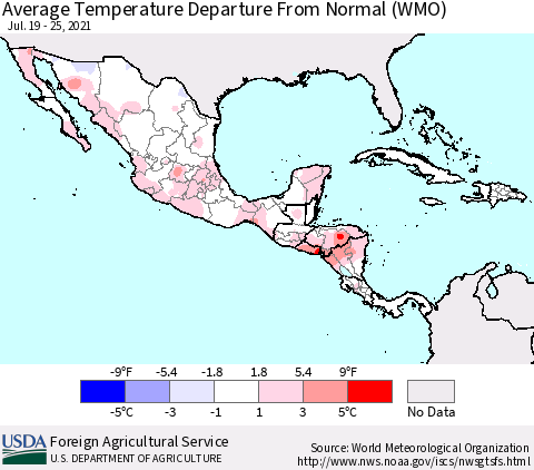 Mexico Central America and the Caribbean Average Temperature Departure from Normal (WMO) Thematic Map For 7/19/2021 - 7/25/2021