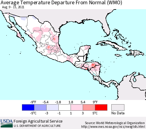 Mexico Central America and the Caribbean Average Temperature Departure from Normal (WMO) Thematic Map For 8/9/2021 - 8/15/2021