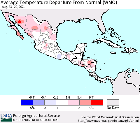 Mexico Central America and the Caribbean Average Temperature Departure from Normal (WMO) Thematic Map For 8/23/2021 - 8/29/2021