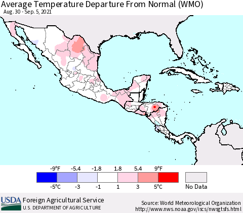Mexico Central America and the Caribbean Average Temperature Departure from Normal (WMO) Thematic Map For 8/30/2021 - 9/5/2021