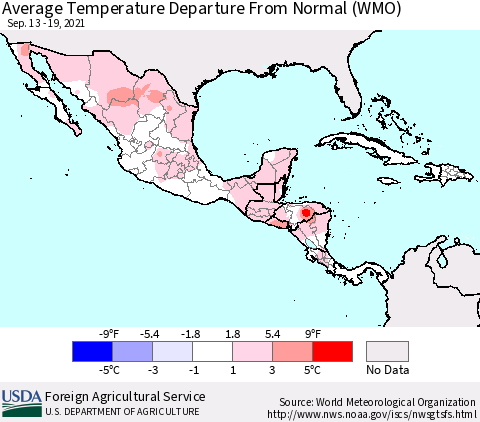 Mexico Central America and the Caribbean Average Temperature Departure from Normal (WMO) Thematic Map For 9/13/2021 - 9/19/2021