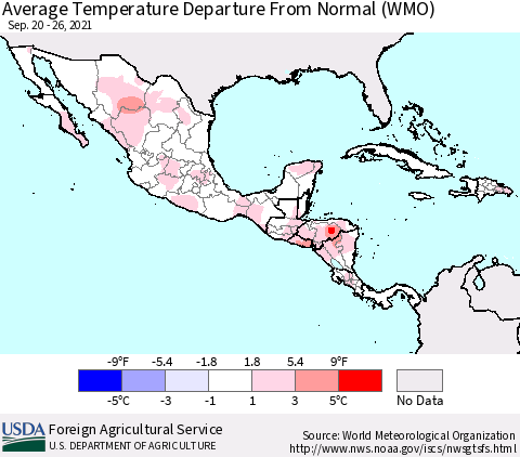 Mexico Central America and the Caribbean Average Temperature Departure from Normal (WMO) Thematic Map For 9/20/2021 - 9/26/2021