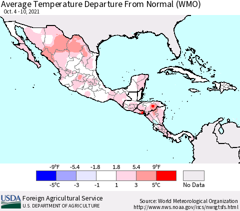 Mexico Central America and the Caribbean Average Temperature Departure from Normal (WMO) Thematic Map For 10/4/2021 - 10/10/2021