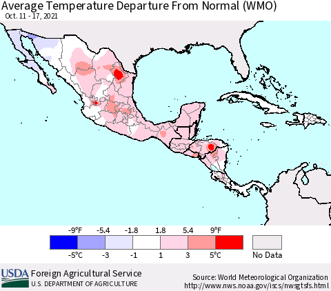 Mexico Central America and the Caribbean Average Temperature Departure from Normal (WMO) Thematic Map For 10/11/2021 - 10/17/2021
