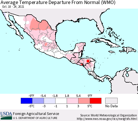 Mexico Central America and the Caribbean Average Temperature Departure from Normal (WMO) Thematic Map For 10/18/2021 - 10/24/2021