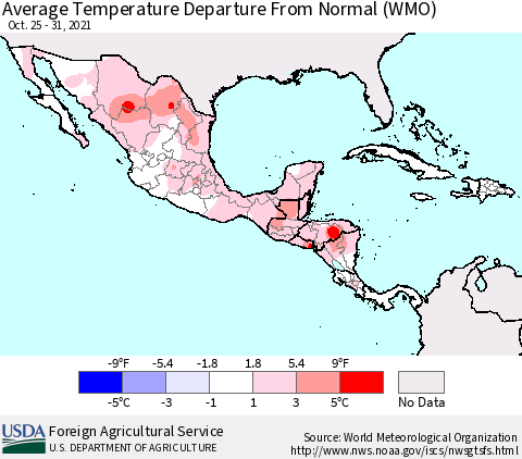 Mexico Central America and the Caribbean Average Temperature Departure from Normal (WMO) Thematic Map For 10/25/2021 - 10/31/2021
