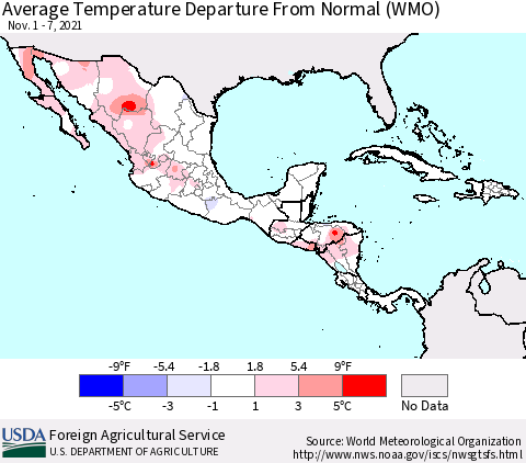 Mexico Central America and the Caribbean Average Temperature Departure from Normal (WMO) Thematic Map For 11/1/2021 - 11/7/2021