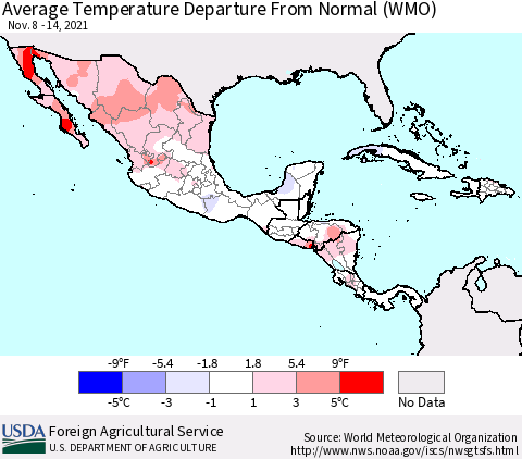 Mexico Central America and the Caribbean Average Temperature Departure from Normal (WMO) Thematic Map For 11/8/2021 - 11/14/2021