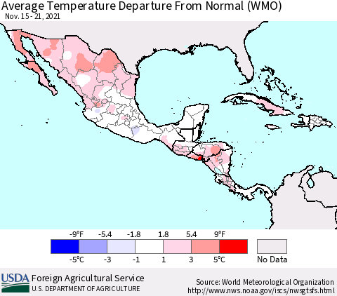 Mexico Central America and the Caribbean Average Temperature Departure from Normal (WMO) Thematic Map For 11/15/2021 - 11/21/2021