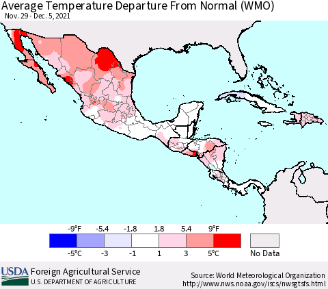 Mexico Central America and the Caribbean Average Temperature Departure from Normal (WMO) Thematic Map For 11/29/2021 - 12/5/2021