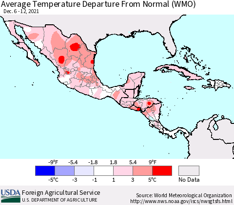 Mexico Central America and the Caribbean Average Temperature Departure from Normal (WMO) Thematic Map For 12/6/2021 - 12/12/2021