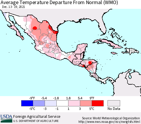 Mexico Central America and the Caribbean Average Temperature Departure from Normal (WMO) Thematic Map For 12/13/2021 - 12/19/2021