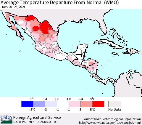 Mexico Central America and the Caribbean Average Temperature Departure from Normal (WMO) Thematic Map For 12/20/2021 - 12/26/2021