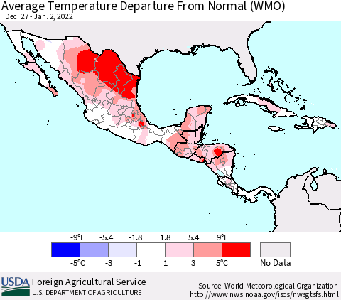 Mexico Central America and the Caribbean Average Temperature Departure from Normal (WMO) Thematic Map For 12/27/2021 - 1/2/2022