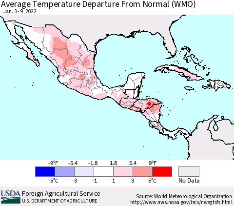 Mexico Central America and the Caribbean Average Temperature Departure from Normal (WMO) Thematic Map For 1/3/2022 - 1/9/2022