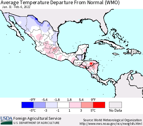 Mexico Central America and the Caribbean Average Temperature Departure from Normal (WMO) Thematic Map For 1/31/2022 - 2/6/2022