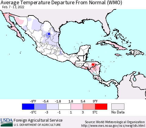 Mexico Central America and the Caribbean Average Temperature Departure from Normal (WMO) Thematic Map For 2/7/2022 - 2/13/2022