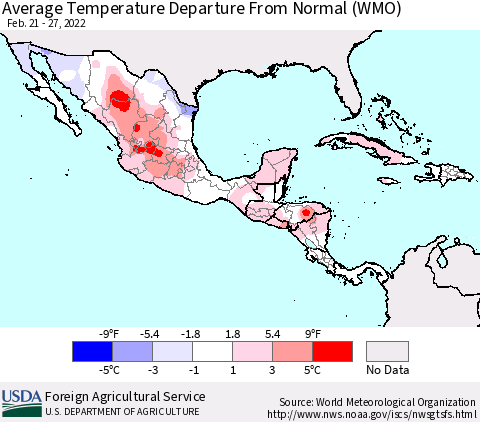 Mexico Central America and the Caribbean Average Temperature Departure from Normal (WMO) Thematic Map For 2/21/2022 - 2/27/2022