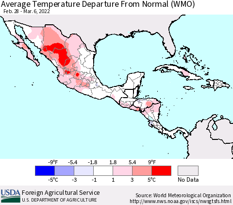 Mexico Central America and the Caribbean Average Temperature Departure from Normal (WMO) Thematic Map For 2/28/2022 - 3/6/2022
