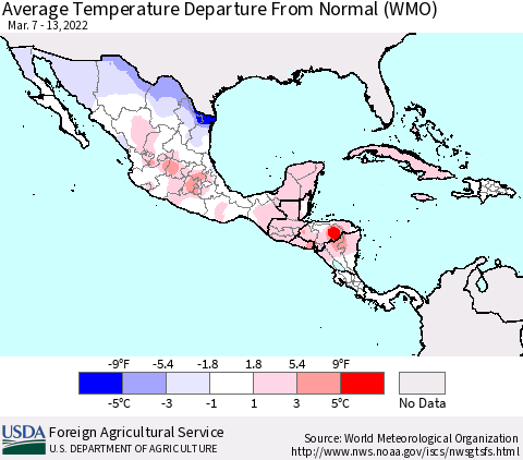 Mexico Central America and the Caribbean Average Temperature Departure from Normal (WMO) Thematic Map For 3/7/2022 - 3/13/2022