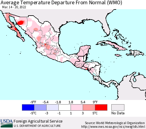 Mexico Central America and the Caribbean Average Temperature Departure from Normal (WMO) Thematic Map For 3/14/2022 - 3/20/2022