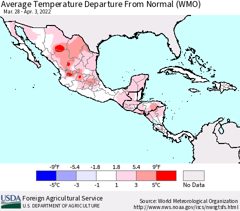 Mexico Central America and the Caribbean Average Temperature Departure from Normal (WMO) Thematic Map For 3/28/2022 - 4/3/2022