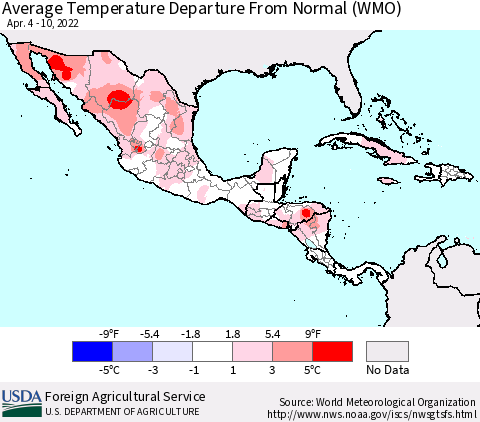 Mexico Central America and the Caribbean Average Temperature Departure from Normal (WMO) Thematic Map For 4/4/2022 - 4/10/2022