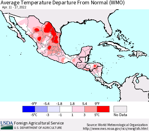 Mexico Central America and the Caribbean Average Temperature Departure from Normal (WMO) Thematic Map For 4/11/2022 - 4/17/2022