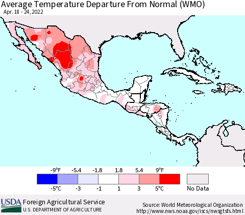 Mexico Central America and the Caribbean Average Temperature Departure from Normal (WMO) Thematic Map For 4/18/2022 - 4/24/2022