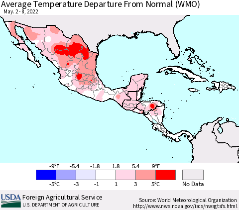 Mexico Central America and the Caribbean Average Temperature Departure from Normal (WMO) Thematic Map For 5/2/2022 - 5/8/2022