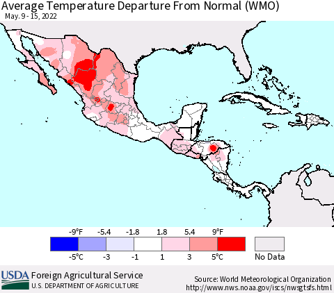 Mexico Central America and the Caribbean Average Temperature Departure from Normal (WMO) Thematic Map For 5/9/2022 - 5/15/2022