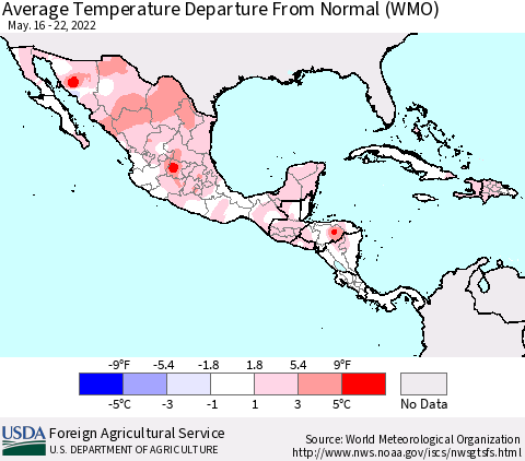 Mexico Central America and the Caribbean Average Temperature Departure from Normal (WMO) Thematic Map For 5/16/2022 - 5/22/2022