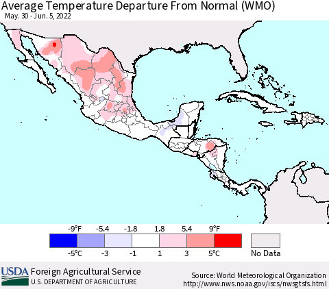 Mexico Central America and the Caribbean Average Temperature Departure from Normal (WMO) Thematic Map For 5/30/2022 - 6/5/2022