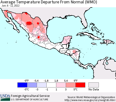 Mexico Central America and the Caribbean Average Temperature Departure from Normal (WMO) Thematic Map For 6/6/2022 - 6/12/2022