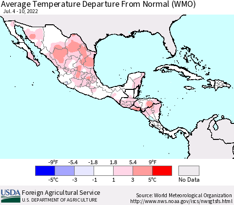 Mexico Central America and the Caribbean Average Temperature Departure from Normal (WMO) Thematic Map For 7/4/2022 - 7/10/2022