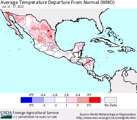 Mexico Central America and the Caribbean Average Temperature Departure from Normal (WMO) Thematic Map For 7/11/2022 - 7/17/2022