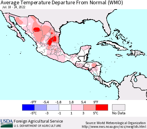 Mexico Central America and the Caribbean Average Temperature Departure from Normal (WMO) Thematic Map For 7/18/2022 - 7/24/2022