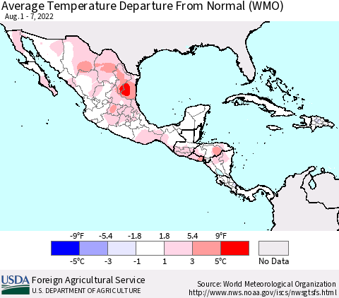 Mexico Central America and the Caribbean Average Temperature Departure from Normal (WMO) Thematic Map For 8/1/2022 - 8/7/2022