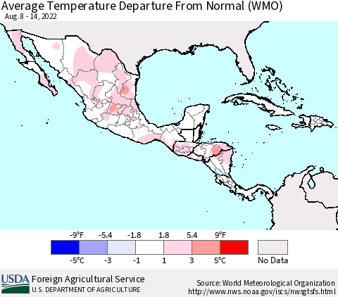 Mexico Central America and the Caribbean Average Temperature Departure from Normal (WMO) Thematic Map For 8/8/2022 - 8/14/2022