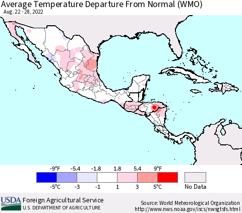 Mexico Central America and the Caribbean Average Temperature Departure from Normal (WMO) Thematic Map For 8/22/2022 - 8/28/2022
