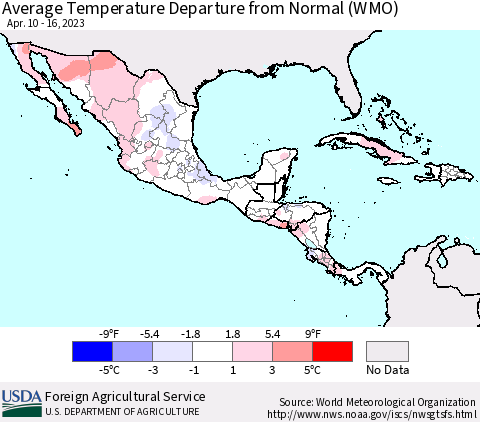 Mexico Central America and the Caribbean Average Temperature Departure from Normal (WMO) Thematic Map For 4/10/2023 - 4/16/2023