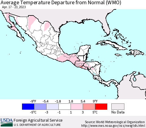 Mexico Central America and the Caribbean Average Temperature Departure from Normal (WMO) Thematic Map For 4/17/2023 - 4/23/2023