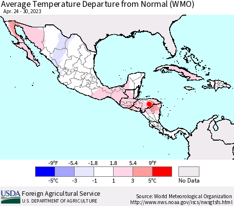 Mexico Central America and the Caribbean Average Temperature Departure from Normal (WMO) Thematic Map For 4/24/2023 - 4/30/2023