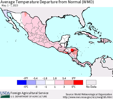 Mexico Central America and the Caribbean Average Temperature Departure from Normal (WMO) Thematic Map For 5/1/2023 - 5/7/2023